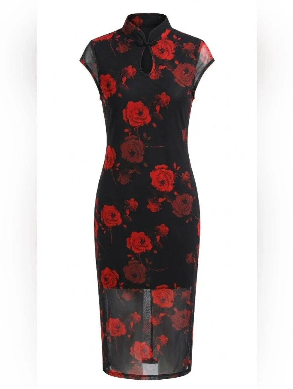Black & Red Floral Sheer Midi Dress XL New